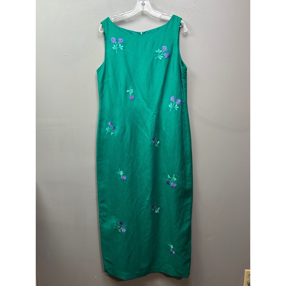 Jessica Howard Dress Womens 14 Green Floral Embroidered Linen Blend Maxi Sheath